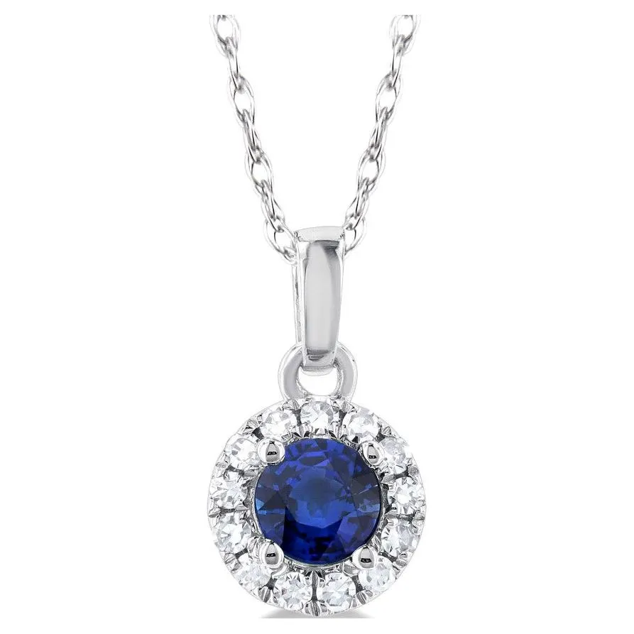 10K White Gold Round Sapphire and Diamond Halo Pendant