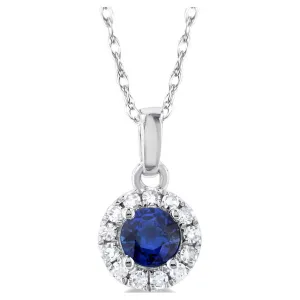 10K White Gold Round Sapphire and Diamond Halo Pendant