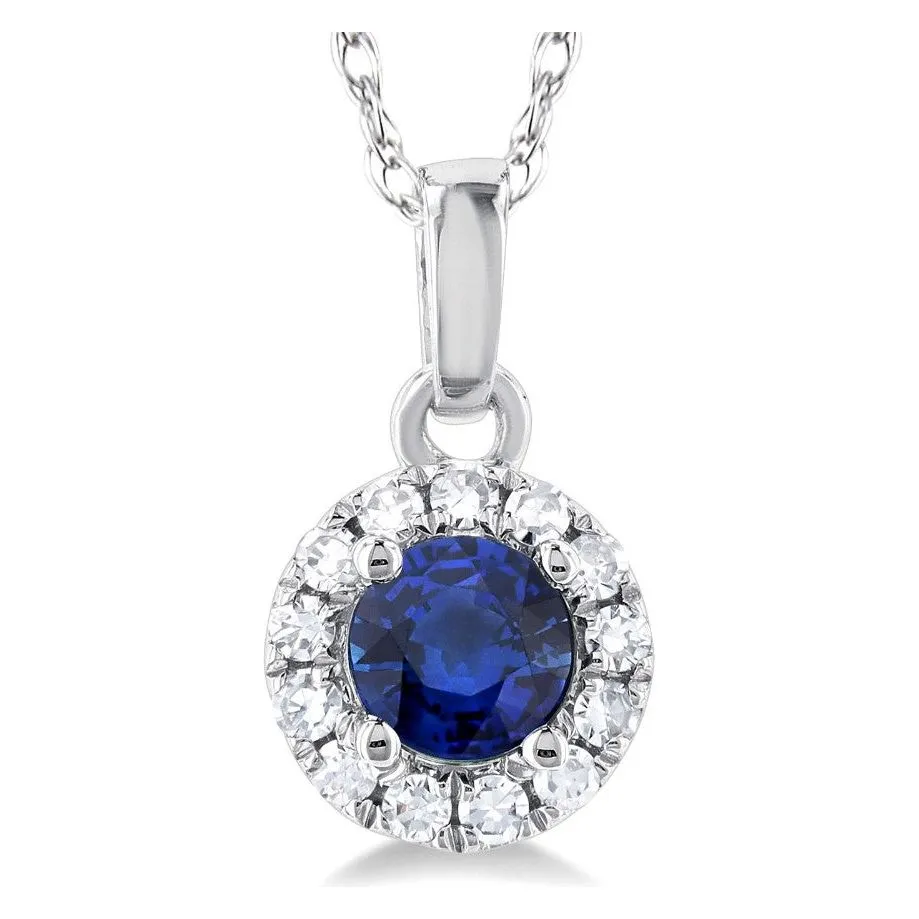 10K White Gold Round Sapphire and Diamond Halo Pendant