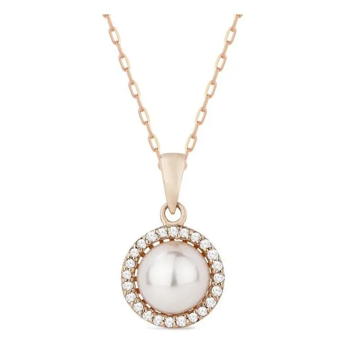 14K Gold Pearl and Diamond Halo Pendant