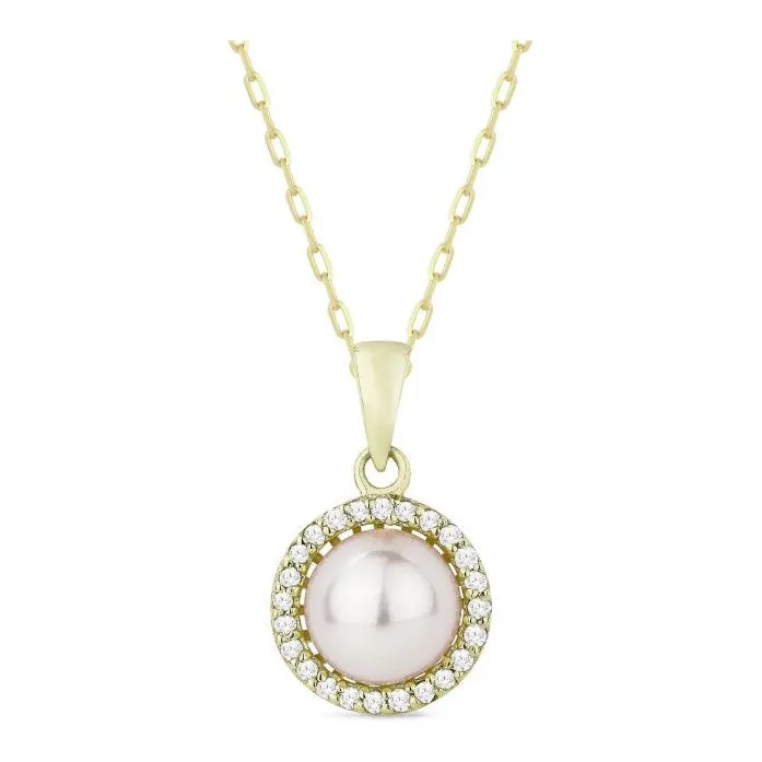 14K Gold Pearl and Diamond Halo Pendant
