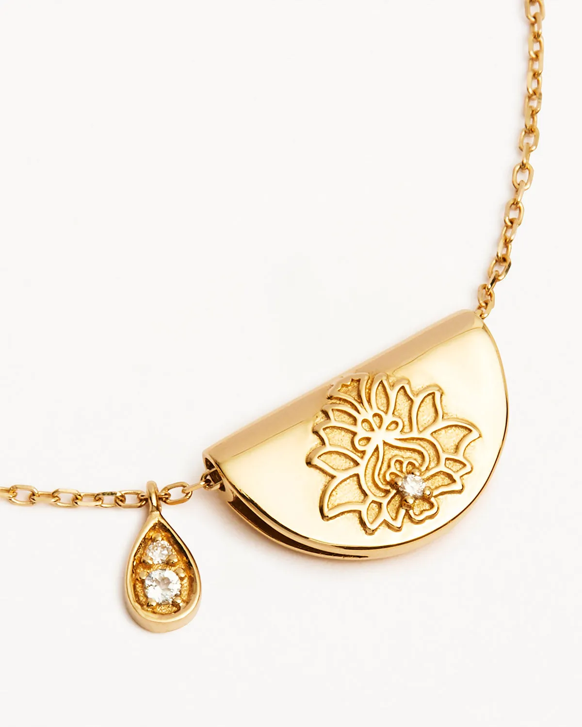 14k Solid Gold Lotus Birthstone Diamond Necklace - April - White Topaz Bycharlotte