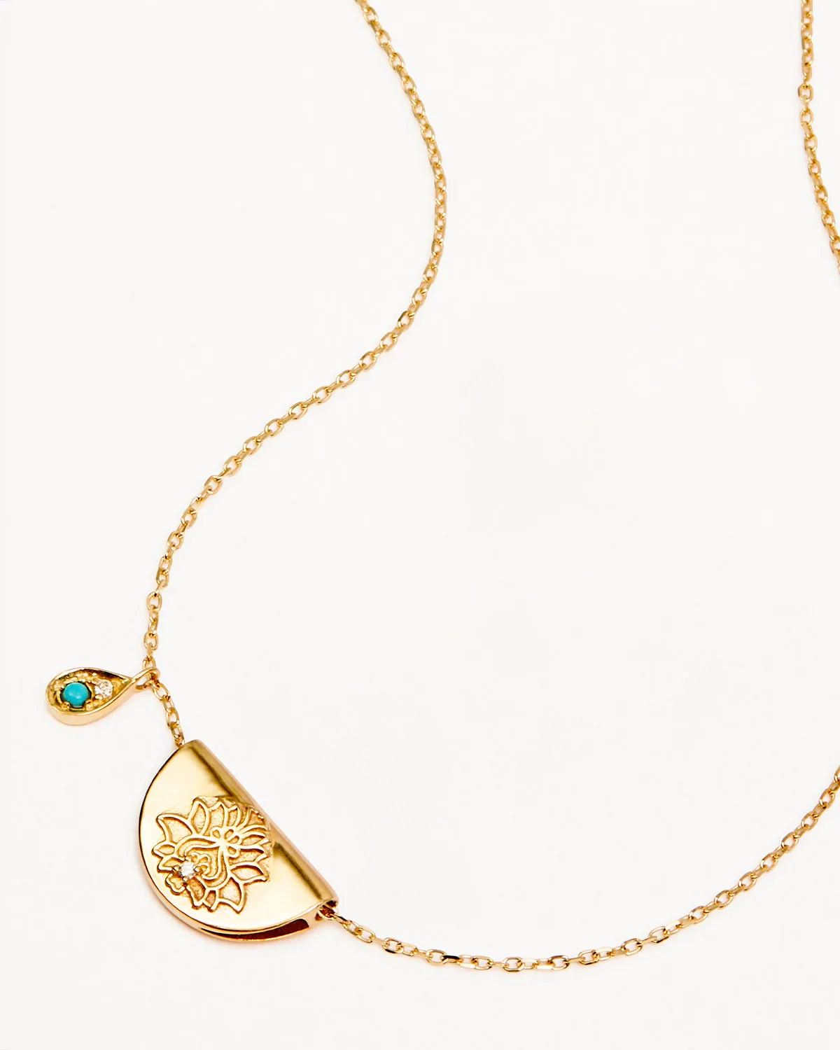 14k Solid Gold Lotus Birthstone Diamond Necklace - December - Turquoise Bycharlotte