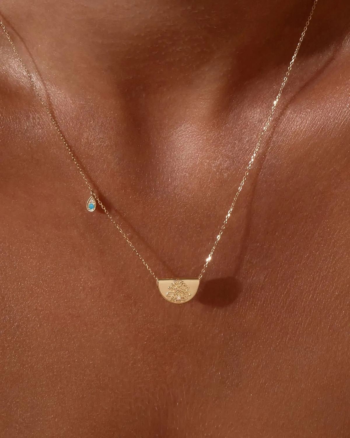14k Solid Gold Lotus Birthstone Diamond Necklace - December - Turquoise Bycharlotte