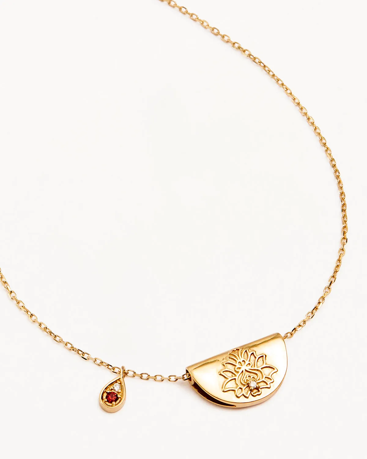14k Solid Gold Lotus Birthstone Diamond Necklace - January - Garnet Bycharlotte