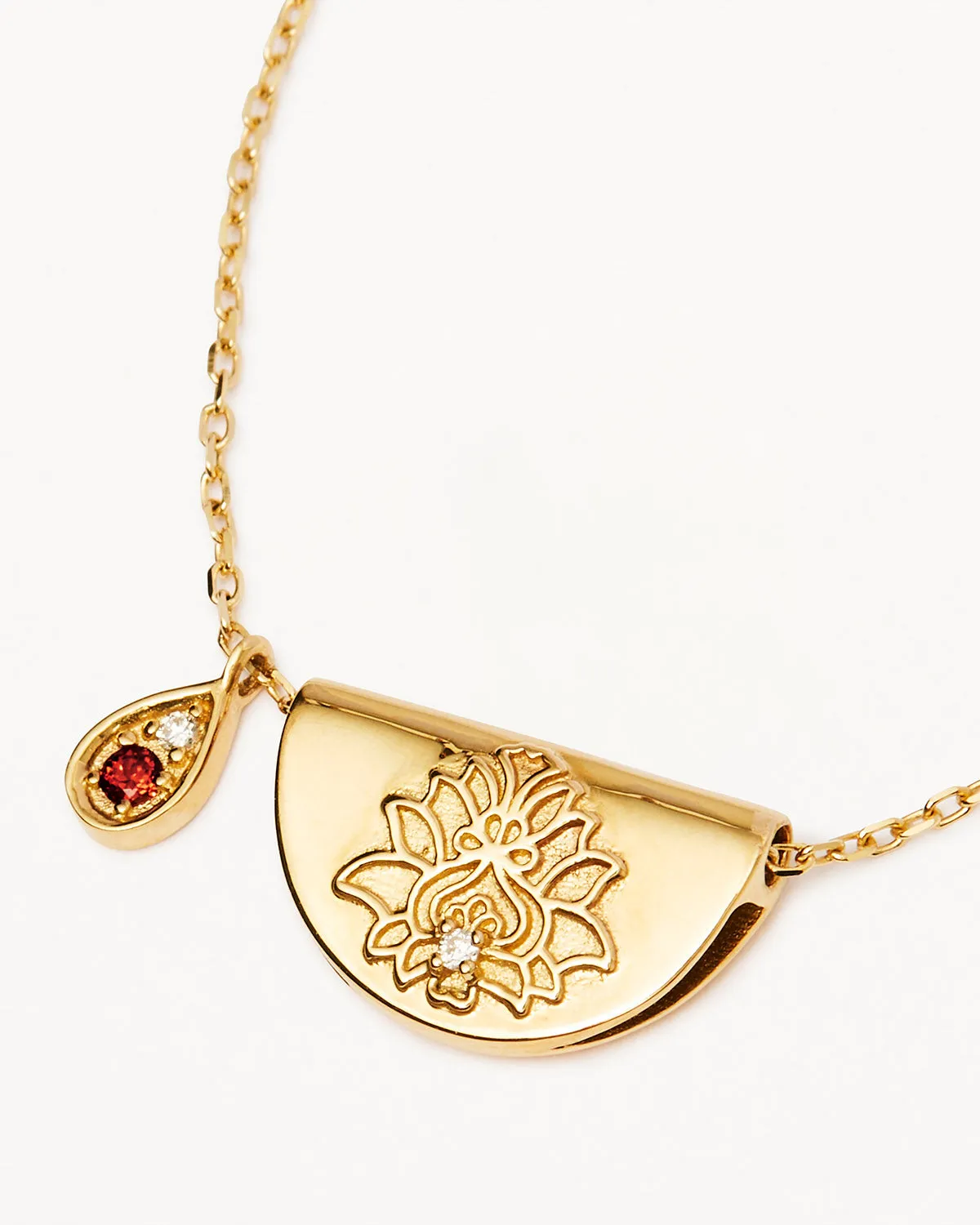 14k Solid Gold Lotus Birthstone Diamond Necklace - January - Garnet Bycharlotte