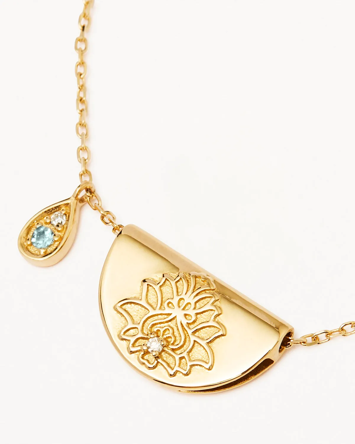 14k Solid Gold Lotus Birthstone Diamond Necklace - March - Aquamarine Bycharlotte