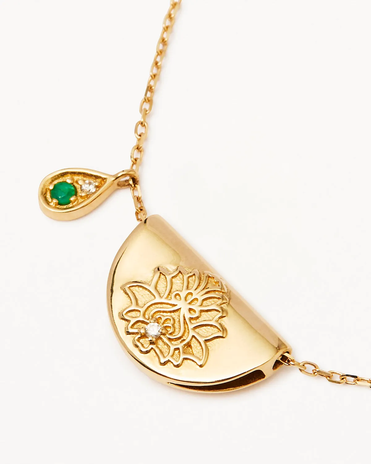 14k Solid Gold Lotus Birthstone Diamond Necklace - May - Emerald Bycharlotte