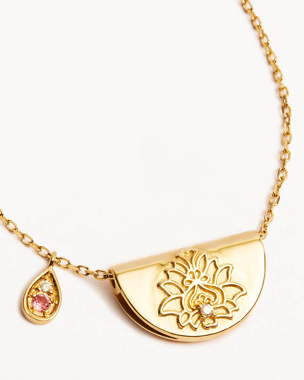 14k Solid Gold Lotus Birthstone Diamond Necklace - October - Pink Tourmaline Bycharlotte