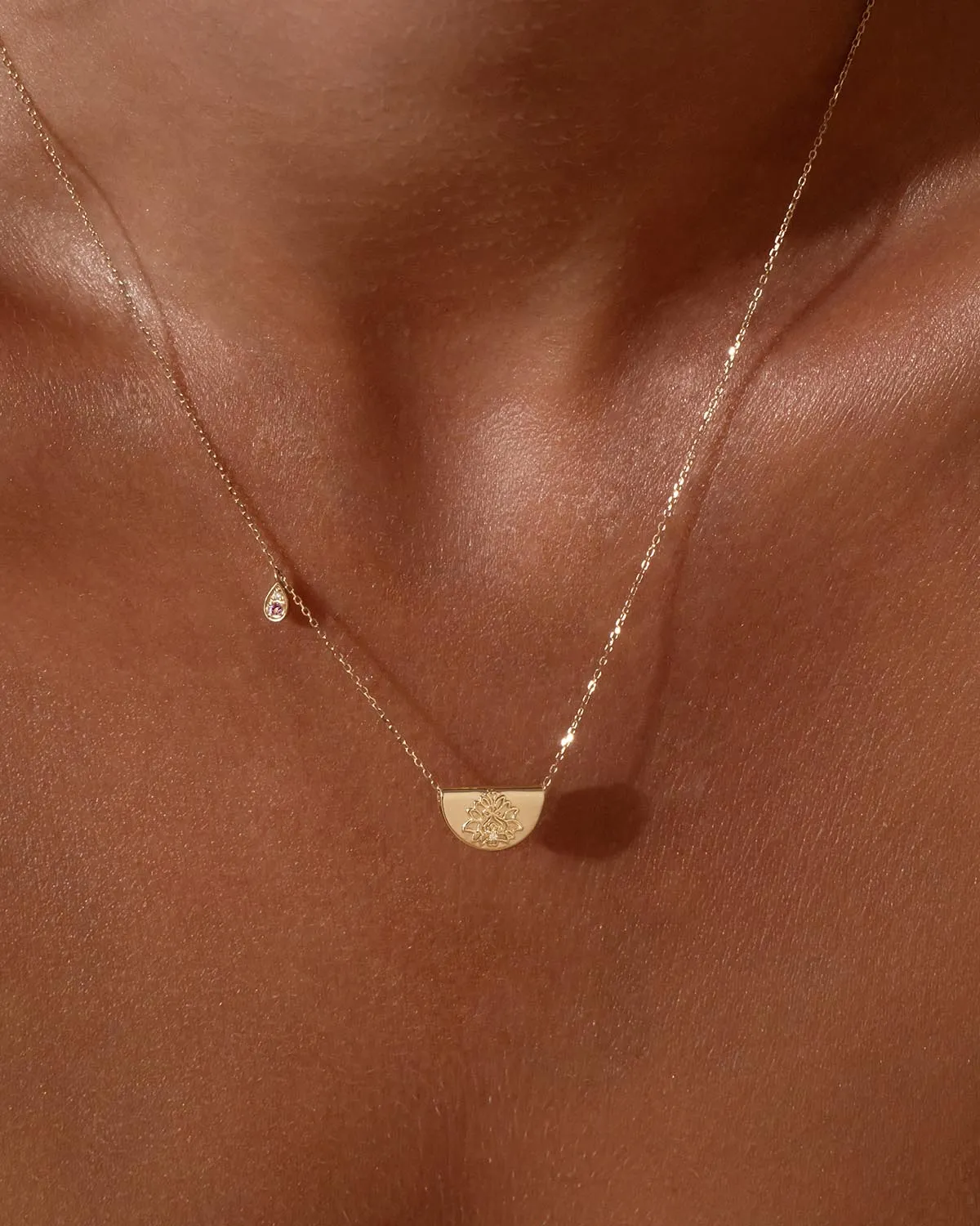 14k Solid Gold Lotus Birthstone Diamond Necklace - October - Pink Tourmaline Bycharlotte