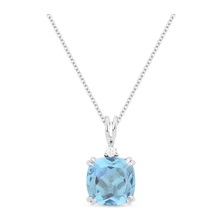 14K White Gold Cushion Gemstone and Diamond Accent Pendant