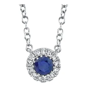 14K White Gold Diamond & Sapphire Halo Pendant Necklace