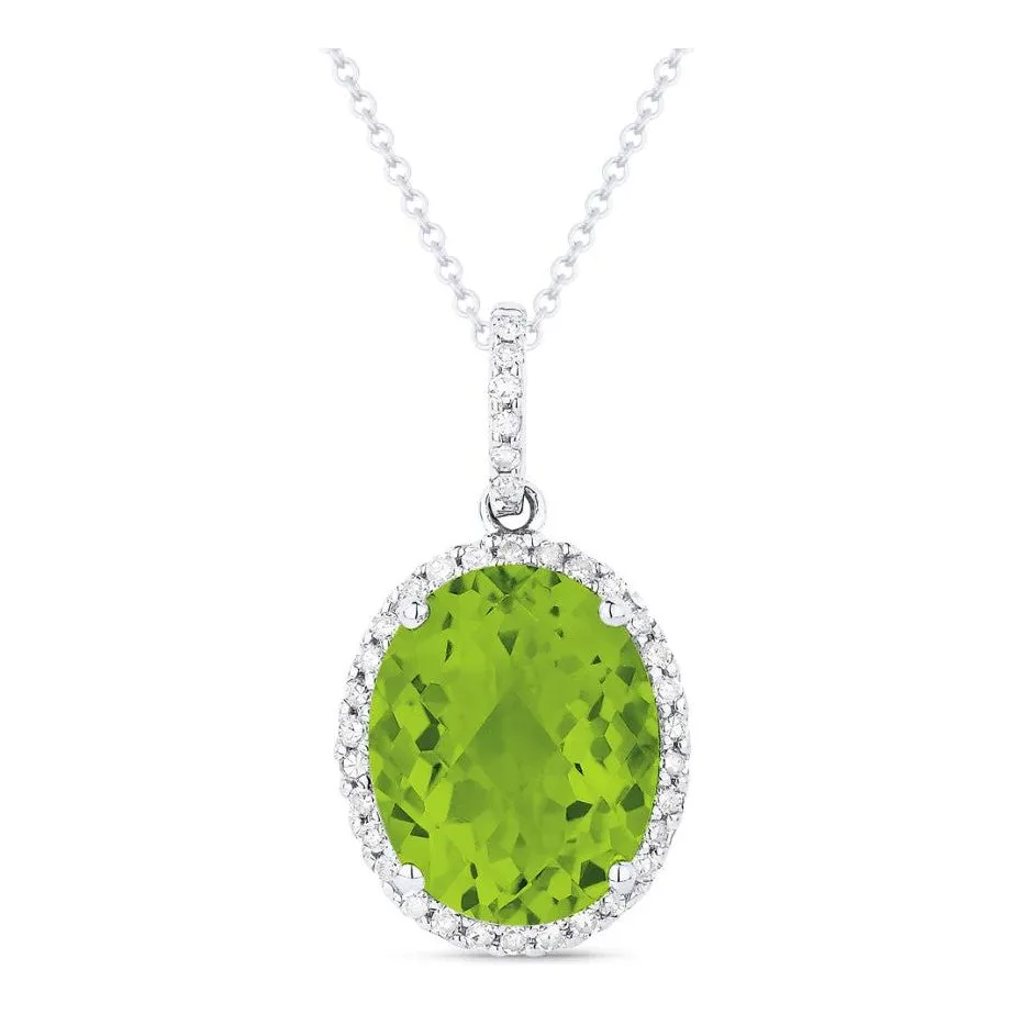 14K White Gold Oval Gemstone and Diamond Halo Pendant