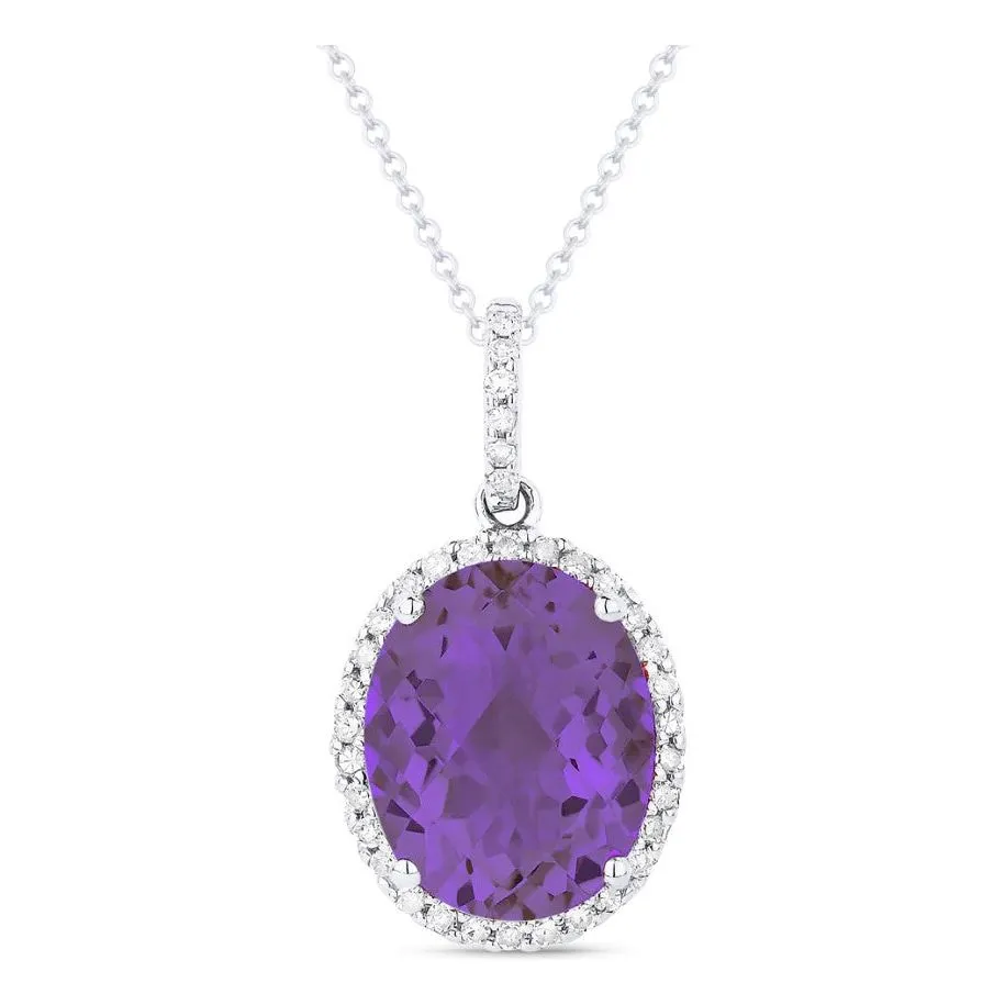 14K White Gold Oval Gemstone and Diamond Halo Pendant