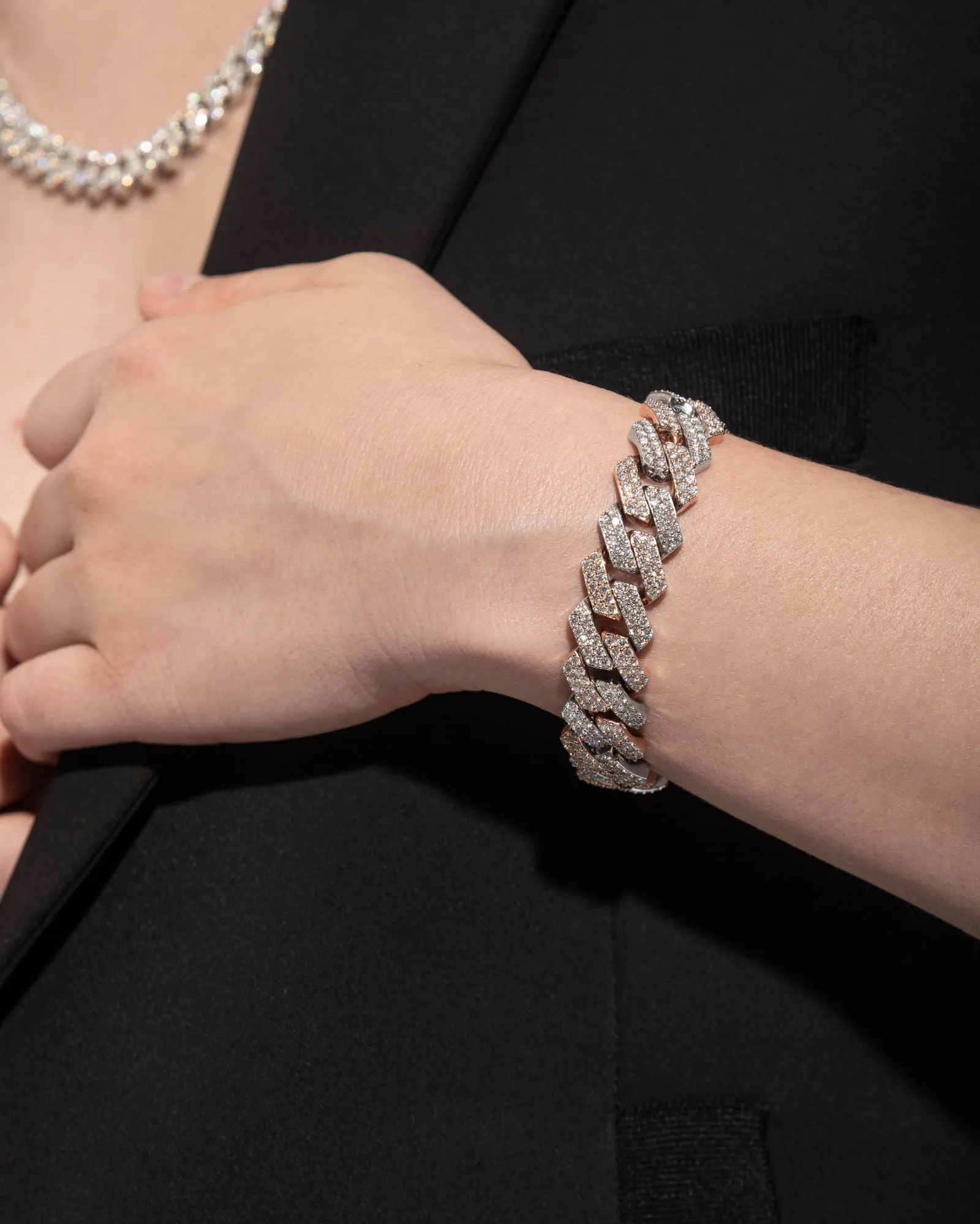 14mm Prong Pavé 18K Rose Gold & Rhodium coated Silver Bracelet w. Moissanite