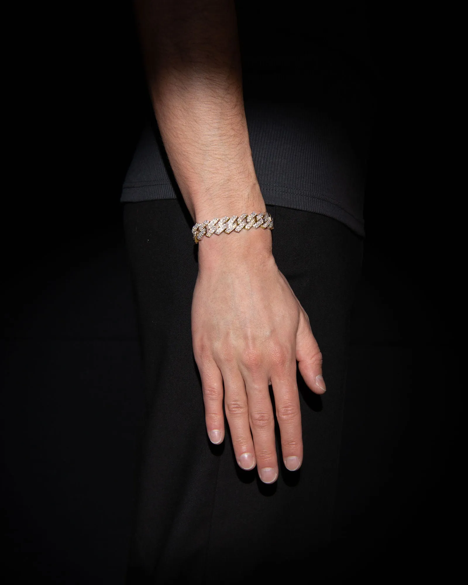 14mm Prong Pavé 18K Yellow Gold & Rhodium coated Silver Bracelet w. Moissanite