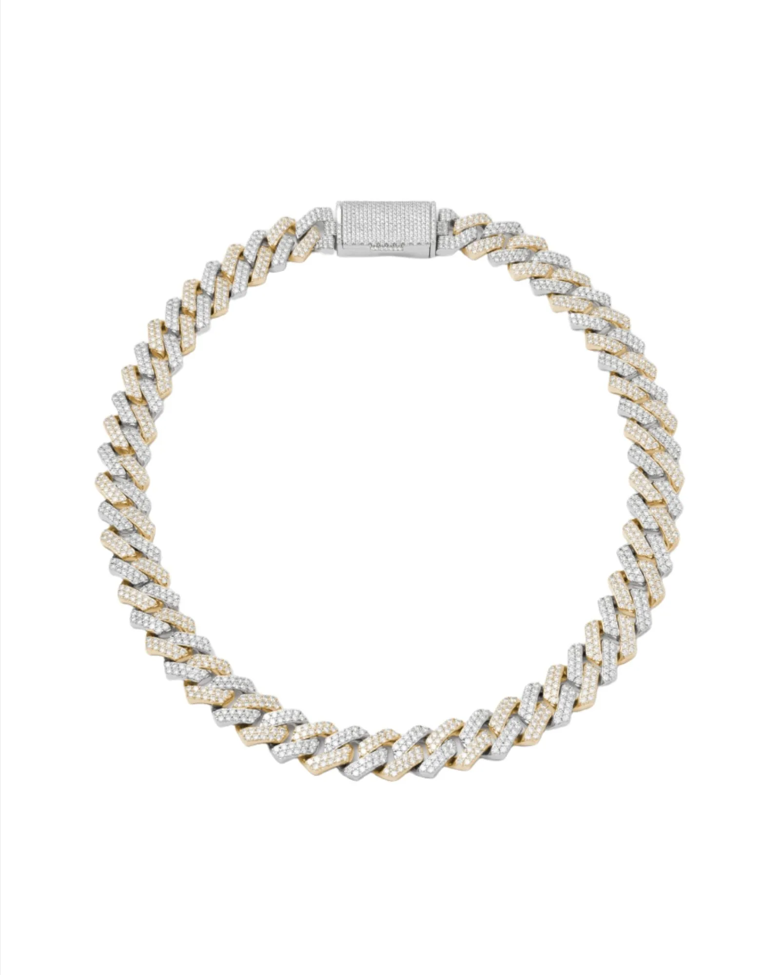 14mm Prong Pavé 18K Yellow Gold & Rhodium coated Silver Necklace w. Moissanite
