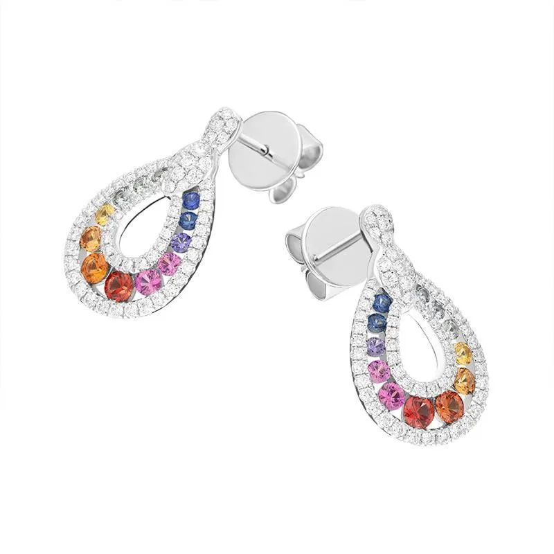 18ct White Gold 0.52ct Mixed Sapphire 0.81ct Diamond Open Pear Drop Earrings