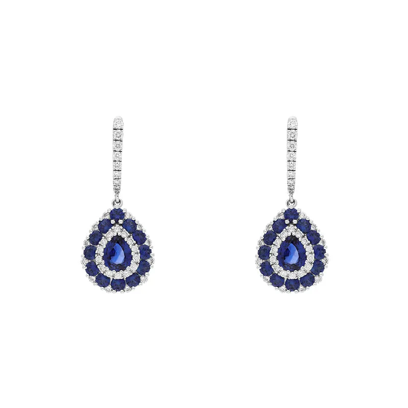 18ct White Gold Sapphire Diamond Pear Cut Drop Earrings