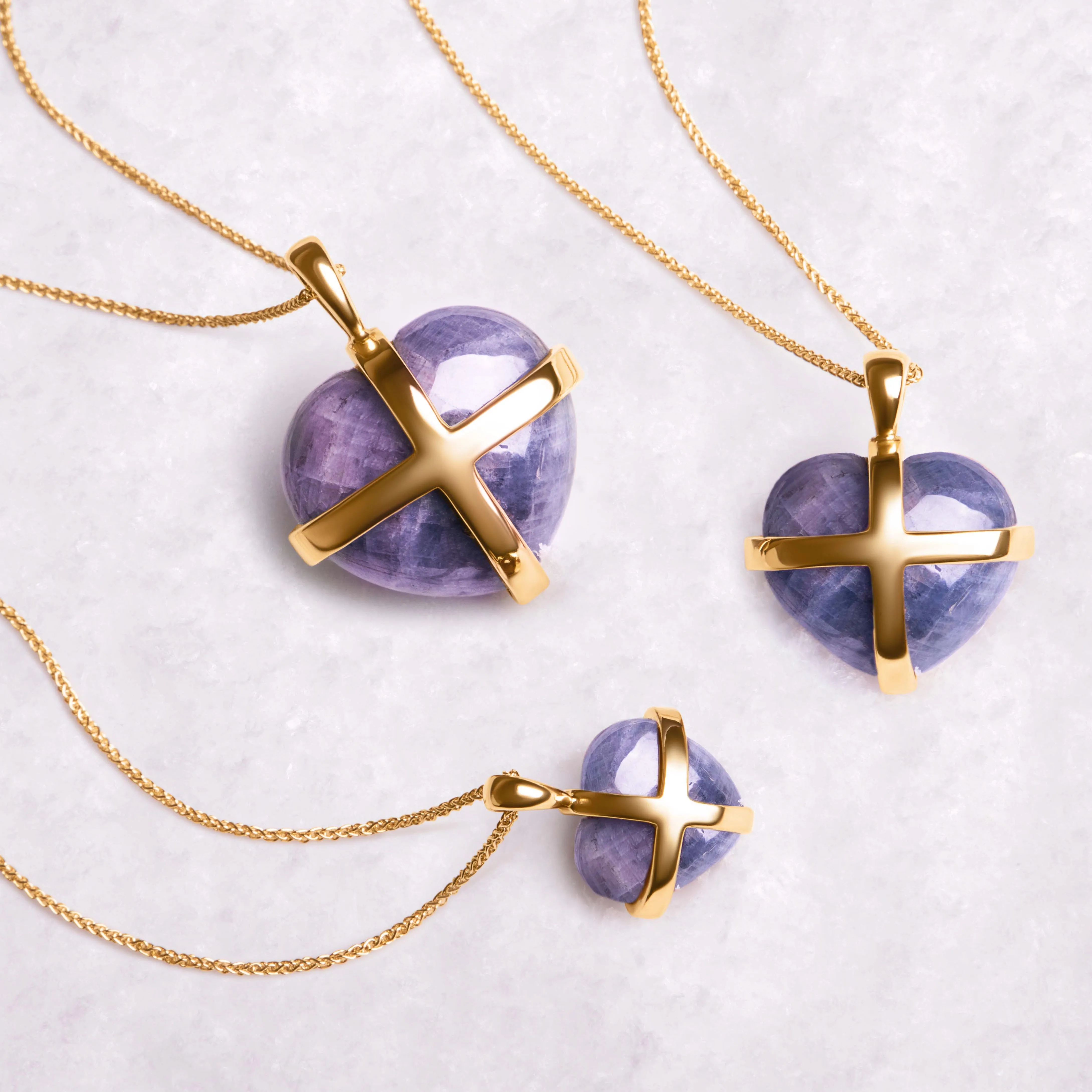 18ct Yellow Gold Northern Lights Greenland Sapphire Small Cross Heart Necklace