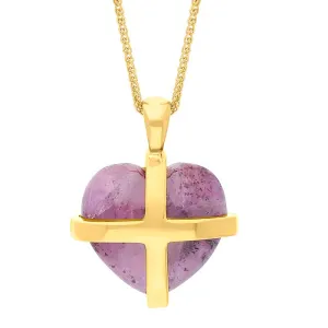 18ct Yellow Gold Northern Lights Greenland Sapphire Small Cross Heart Necklace