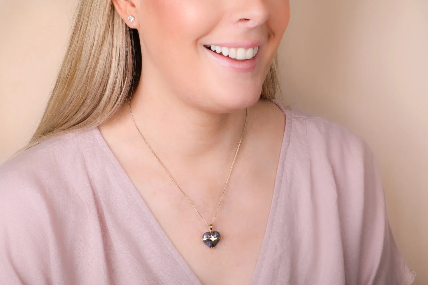 18ct Yellow Gold Northern Lights Greenland Sapphire Small Cross Heart Necklace