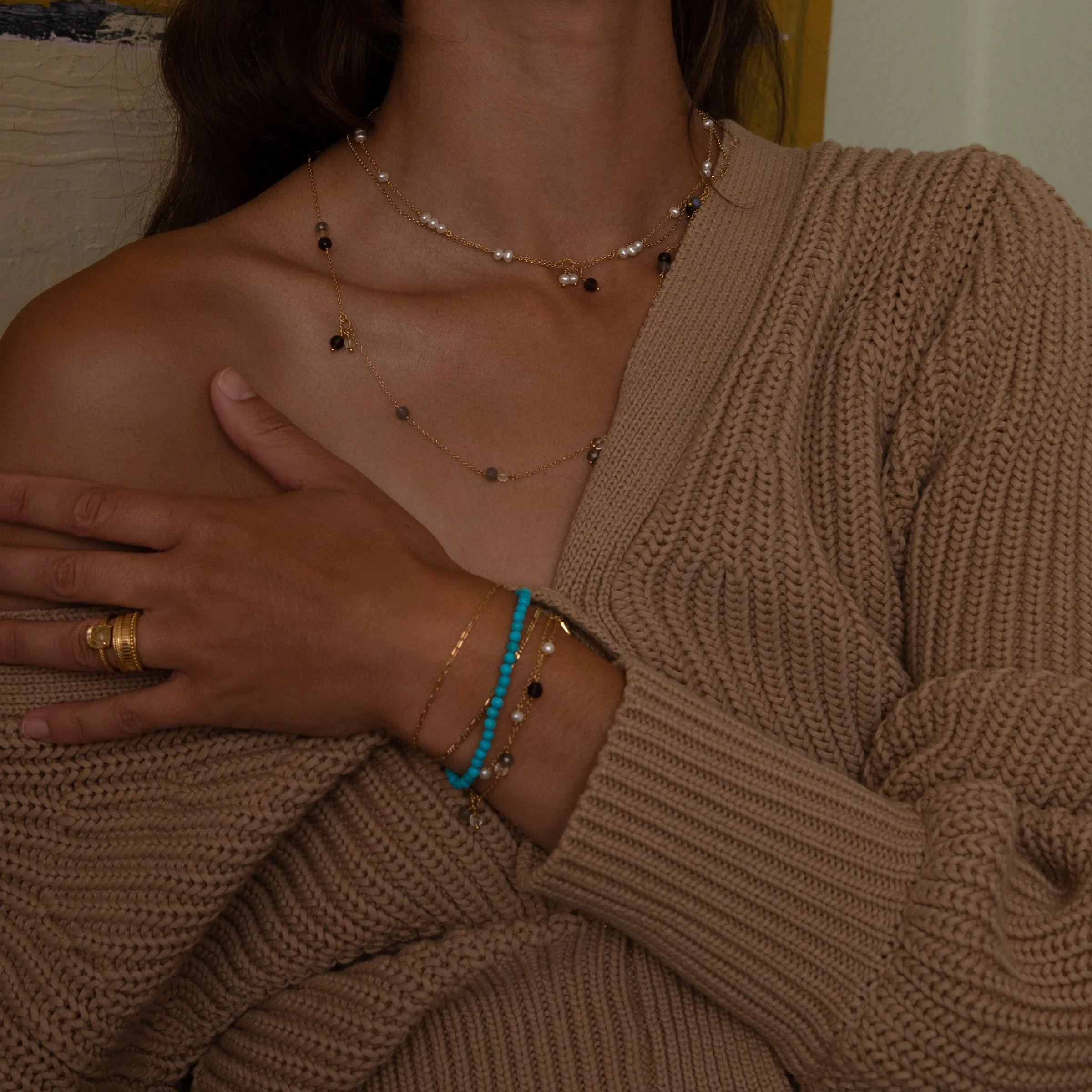 18K Gold Plated Necklace w. Labradorite & Quartz