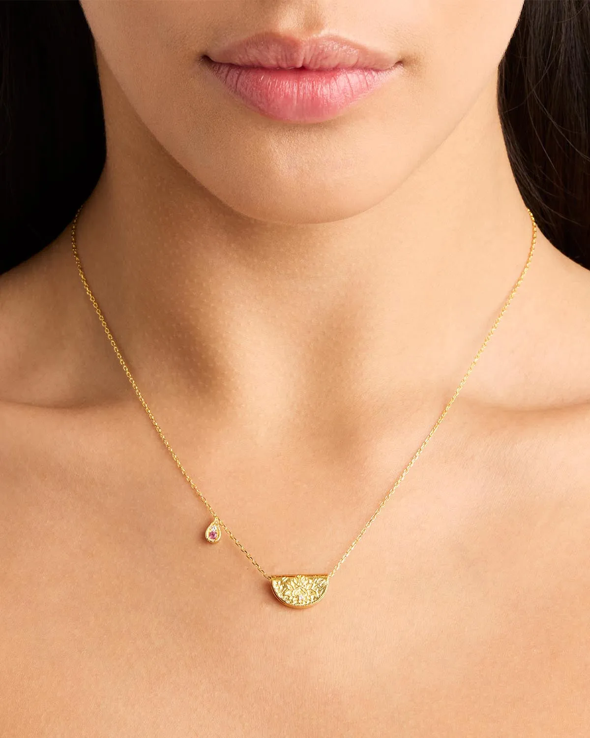 18k Gold Vermeil Lotus Birthstone Necklace - October - Pink Tourmaline Bycharlotte