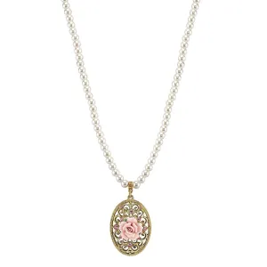 1928 Bridal 6mm Faux Pearl Strand Pink Porcelain Rose Crystal Oval Filigree Pendant Necklace 15"   3" Extender 1928 Jewelry