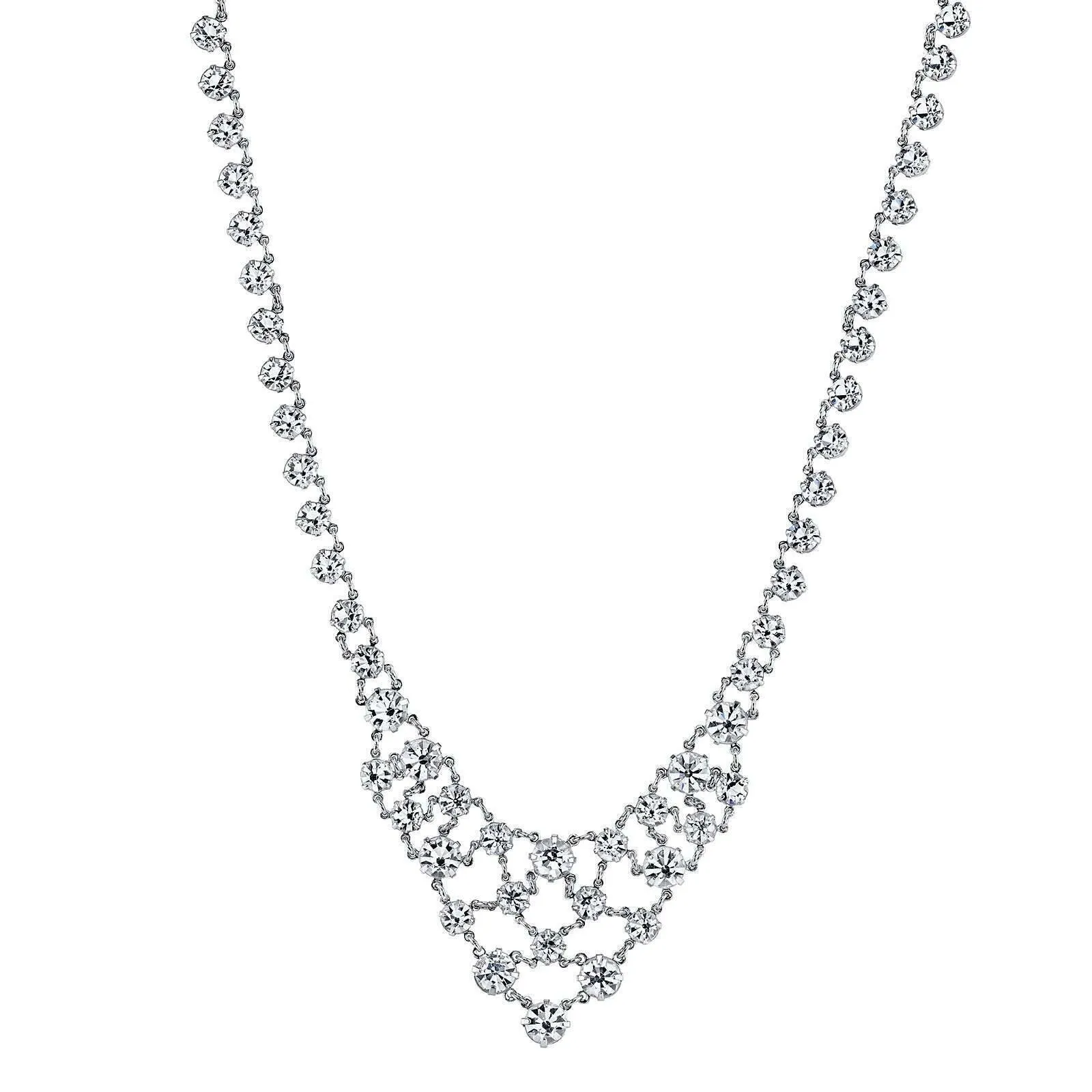 1928 Bridal Austrian Clear Crystal Bib Interwoven Necklace 15"   3" Extender 1928 Jewelry