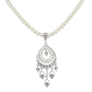 1928 Bridal Crystal Filigree Drop On 6mm Faux Pearl Strand Pendant Necklace 15" 1928 Jewelry