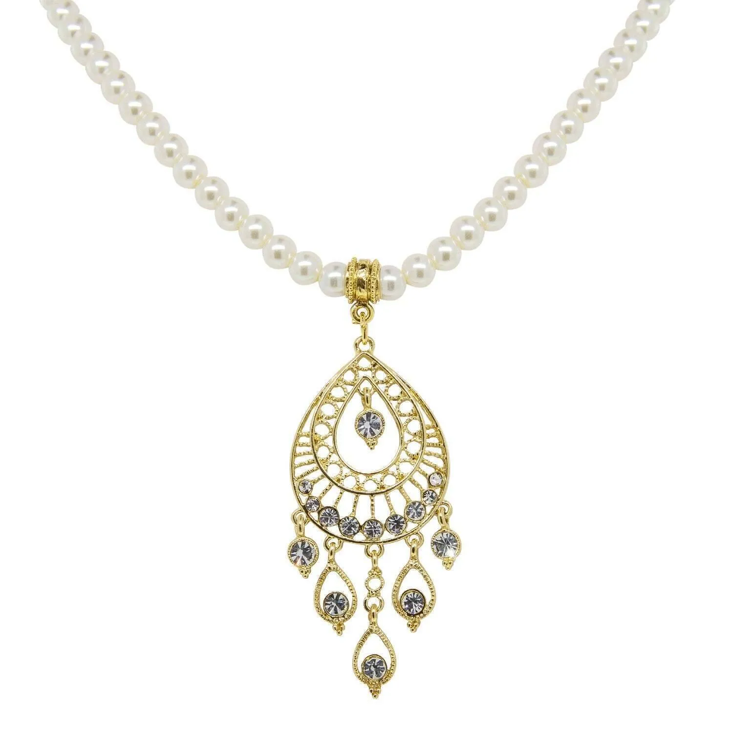 1928 Bridal Crystal Filigree Drop On 6mm Faux Pearl Strand Pendant Necklace 15" 1928 Jewelry