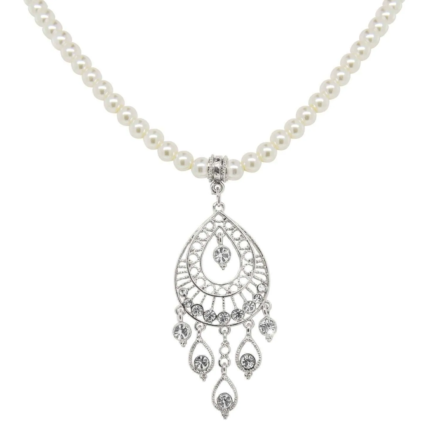 1928 Bridal Crystal Filigree Drop On 6mm Faux Pearl Strand Pendant Necklace 15" 1928 Jewelry