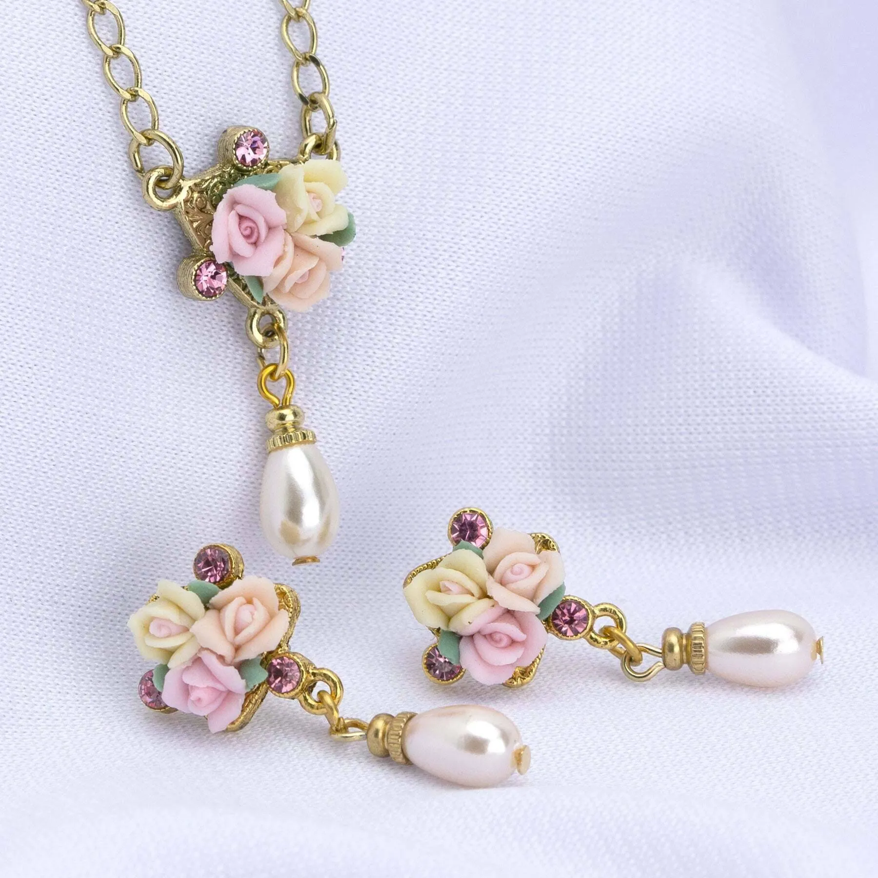 1928 Bridal Crystal Ivory And Pink Porcelain Rose Faux Pearl Necklace 16"   3" Extender 1928 Jewelry