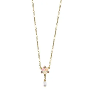 1928 Bridal Crystal Ivory And Pink Porcelain Rose Faux Pearl Necklace 16"   3" Extender 1928 Jewelry