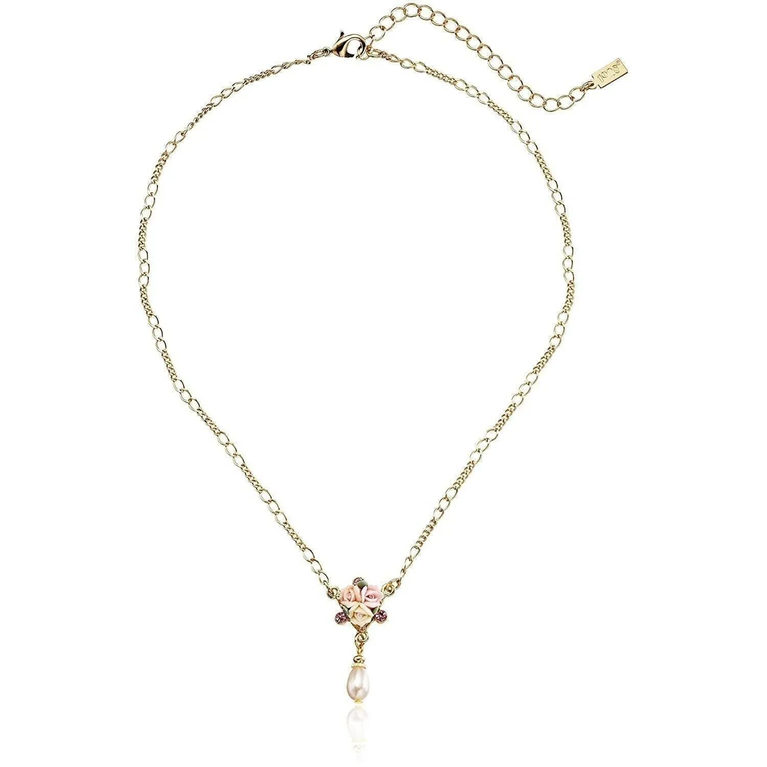 1928 Bridal Crystal Ivory And Pink Porcelain Rose Faux Pearl Necklace 16"   3" Extender 1928 Jewelry