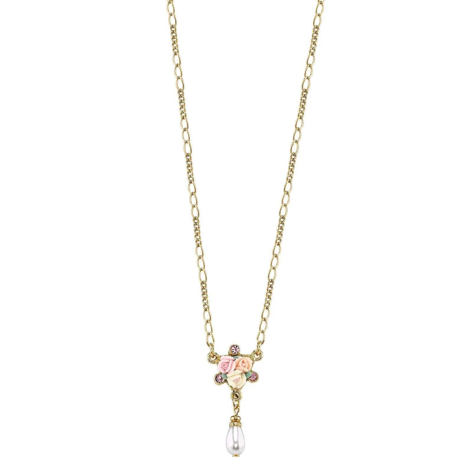 1928 Bridal Crystal Ivory And Pink Porcelain Rose Faux Pearl Necklace 16"   3" Extender 1928 Jewelry