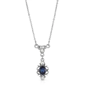 1928 Bridal Dark Blue Oval Crystal Filigree Pendant Necklace 16"   3" Extender 1928 Jewelry