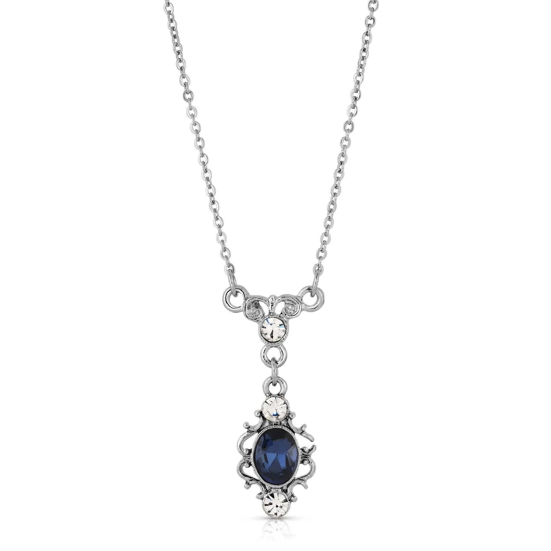 1928 Bridal Dark Blue Oval Crystal Filigree Pendant Necklace 16"   3" Extender 1928 Jewelry