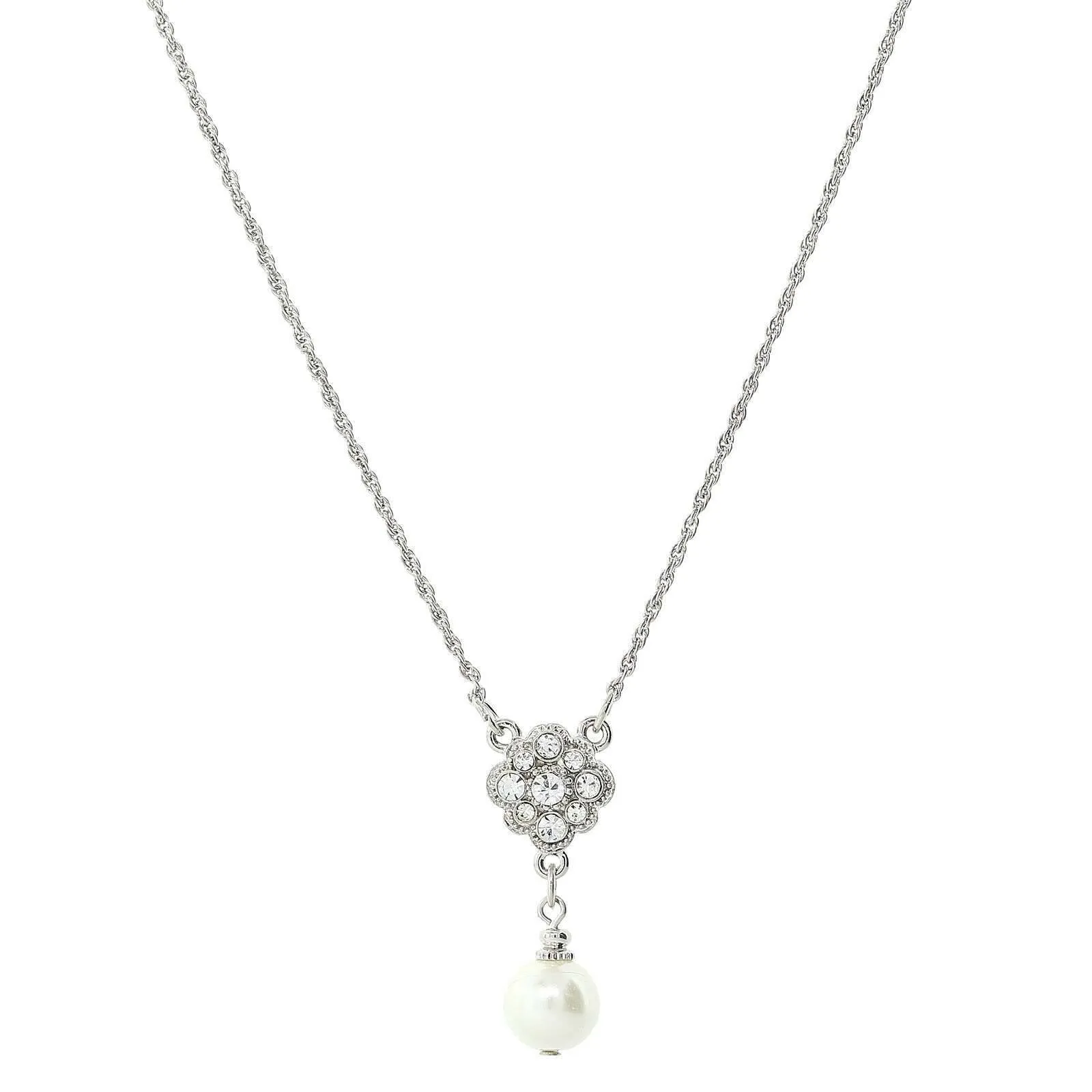 1928 Bridal Faux Pearl And Crystal Pendant Necklace 16"   3" Extender 1928 Jewelry
