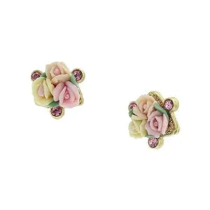 1928 Bridal Pink Crystal And Ivory And Pink Porcelain Rose Button Earrings 1928 Jewelry
