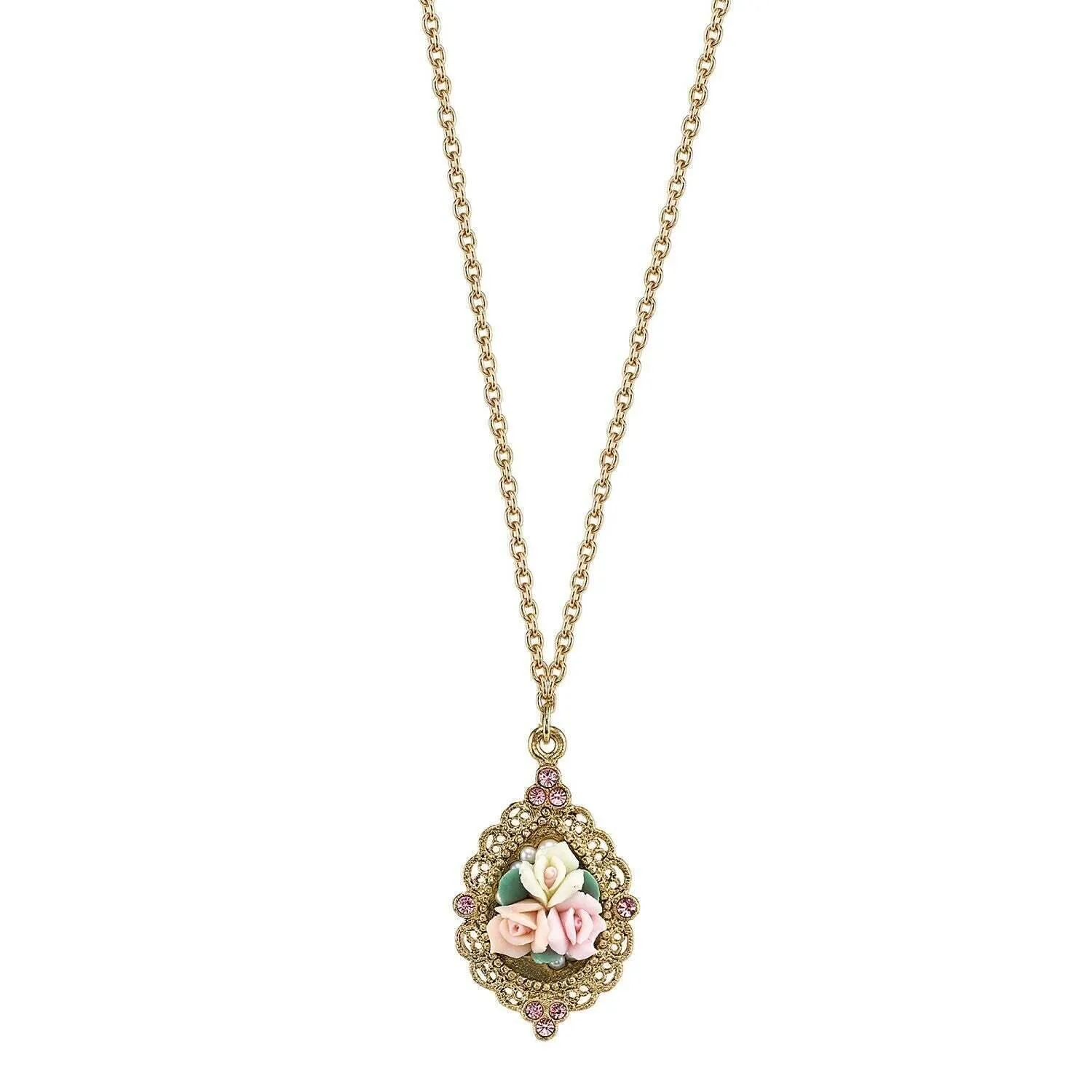 1928 Bridal Pink Crystal And Ivory And Pink Porcelain Rose Pendant Necklace 16"   3" Extender 1928 Jewelry