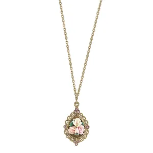1928 Bridal Pink Crystal And Ivory And Pink Porcelain Rose Pendant Necklace 16"   3" Extender 1928 Jewelry