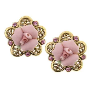 1928 Bridal Pink Crystal And Porcelain Rose Filigree Button Earrings 1928 Jewelry