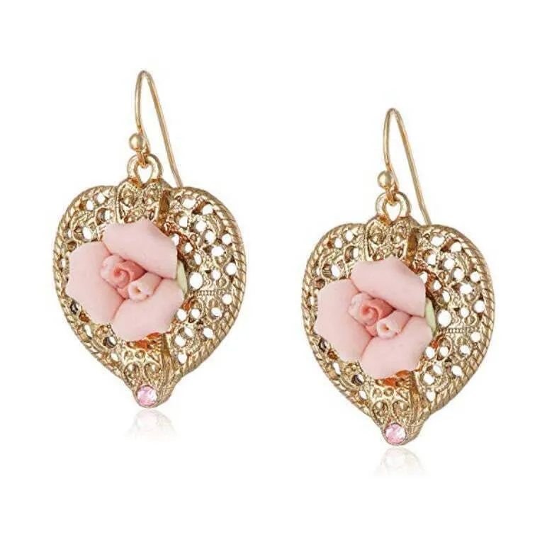 1928 Bridal Pink Crystal And Porcelain Rose Filigree Heart Earrings 1928 Jewelry