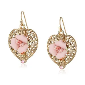 1928 Bridal Pink Crystal And Porcelain Rose Filigree Heart Earrings 1928 Jewelry