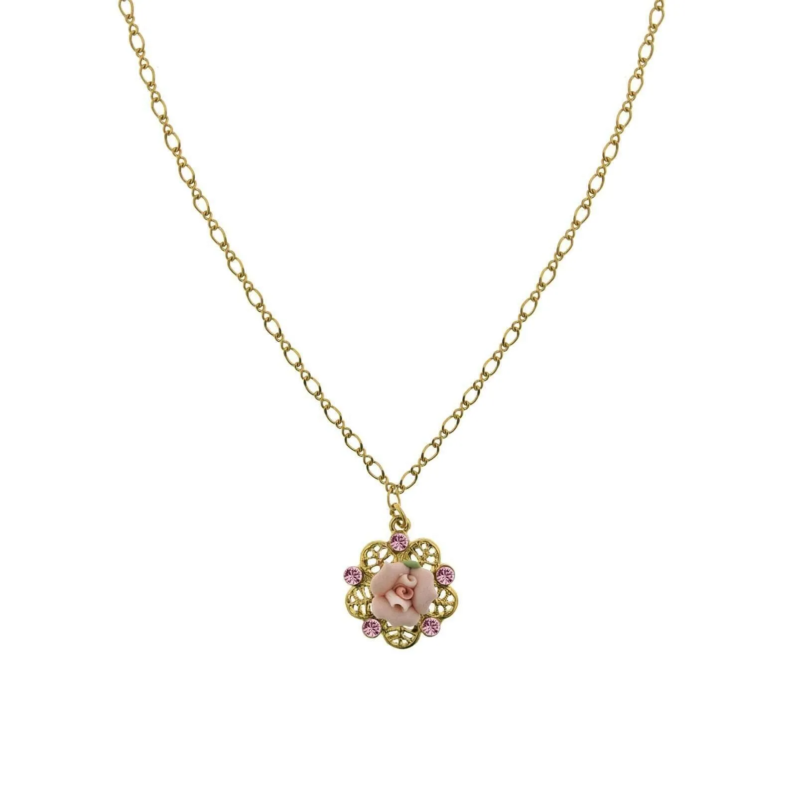 1928 Bridal Pink Crystal And Porcelain Rose Filigree Pendant Necklace 16"   3" Extender 1928 Jewelry