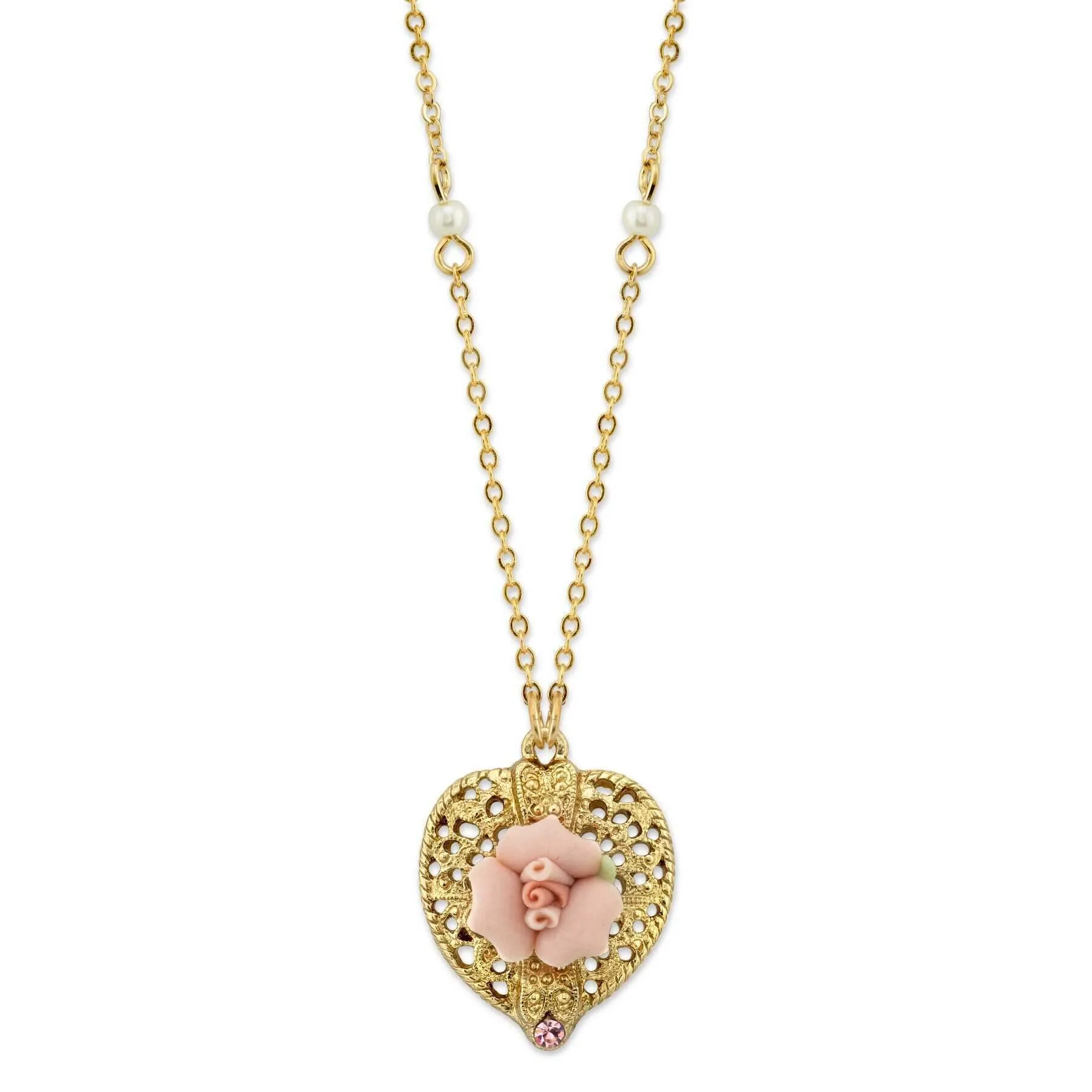 1928 Bridal Pink Crystal Heart And Pink Porcelain Rose Filigree Pendant Necklace 16"   3" Extender 1928 Jewelry