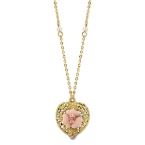 1928 Bridal Pink Crystal Heart And Pink Porcelain Rose Filigree Pendant Necklace 16"   3" Extender 1928 Jewelry