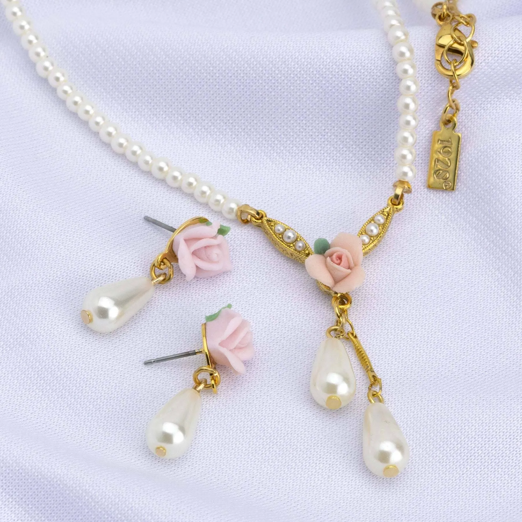 1928 Bridal Pink Porcelain Rose Faux Pearl Drop Earrings 1928 Jewelry